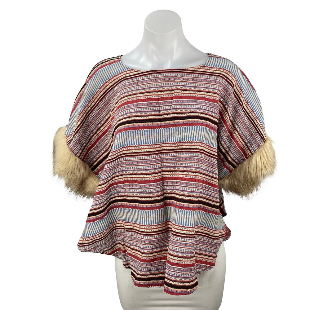 Minkie Women's Red Striped Faux Fur Fringe Short Sleeve Sweater Top Size OS